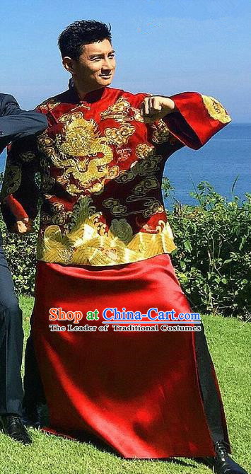 Traditional Ancient Chinese Costume Chinese Style Tang Suit Wedding Red Dress Ancient Long Embroidered Dragon Flown Mandarin Jacket Groom Toast Clothing for Men