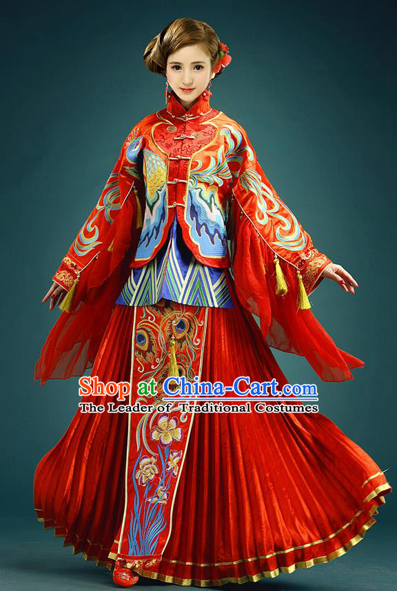 Traditional Ancient Chinese Costume Xiuhe Suits, Chinese Style Wedding Ruffled Cuff Dress, Restoring Ancient Women Red Longfeng Phoenix Flown, Bride Toast Cheongsam for Women