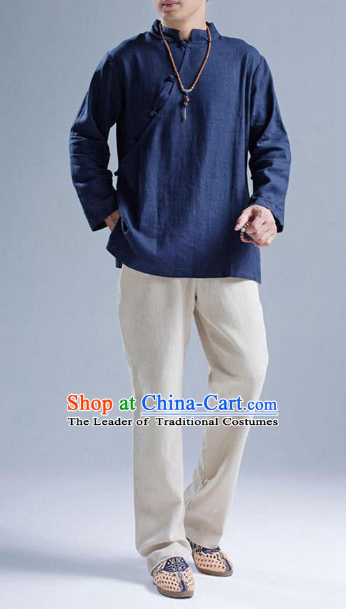 Top Chinese National Tang Suits Flax Frock Costume, Martial Arts Kung Fu Slant Opening Blue Blouse, Kung fu Plate Buttons Unlined Upper Garment, Chinese Taichi Shirts Wushu Clothing for Men