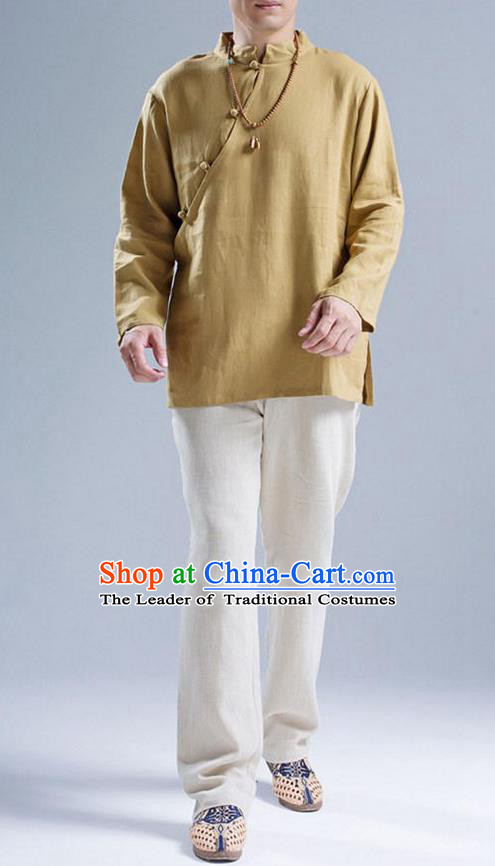 Top Chinese National Tang Suits Flax Frock Costume, Martial Arts Kung Fu Slant Opening Brown Blouse, Kung fu Plate Buttons Unlined Upper Garment, Chinese Taichi Shirts Wushu Clothing for Men