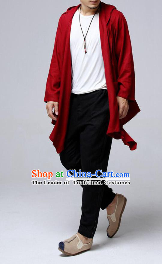 Top Chinese National Tang Suits Flax Frock Costume, Martial Arts Kung Fu Red Hooded Cardigan, Kung fu Plate Buttons Unlined Upper Garment, Chinese Taichi Dust Coats Wushu Clothing for Men
