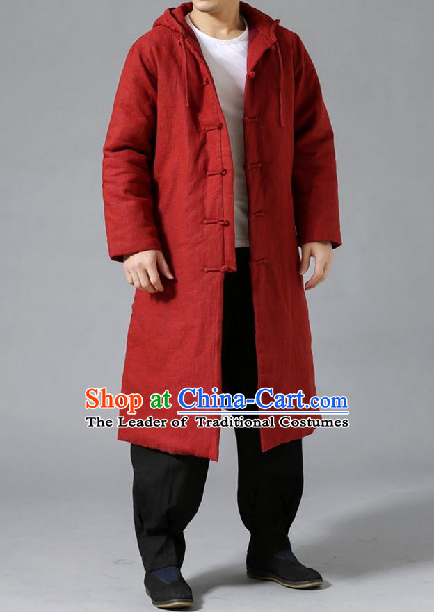 Top Chinese National Tang Suits Flax Frock Costume, Martial Arts Kung Fu Front Opening Rust Red Coats, Kung fu Plate Buttons Unlined Upper Garment Hooded Robes, Chinese Taichi Cotton-Padded Dust Coats Wushu Clothing for Men