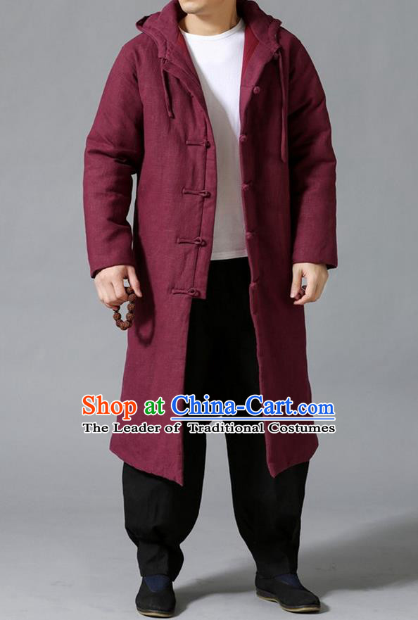 Top Chinese National Tang Suits Flax Frock Costume, Martial Arts Kung Fu Front Opening Fuchsias Coats, Kung fu Plate Buttons Unlined Upper Garment Hooded Robes, Chinese Taichi Cotton-Padded Dust Coats Wushu Clothing for Men