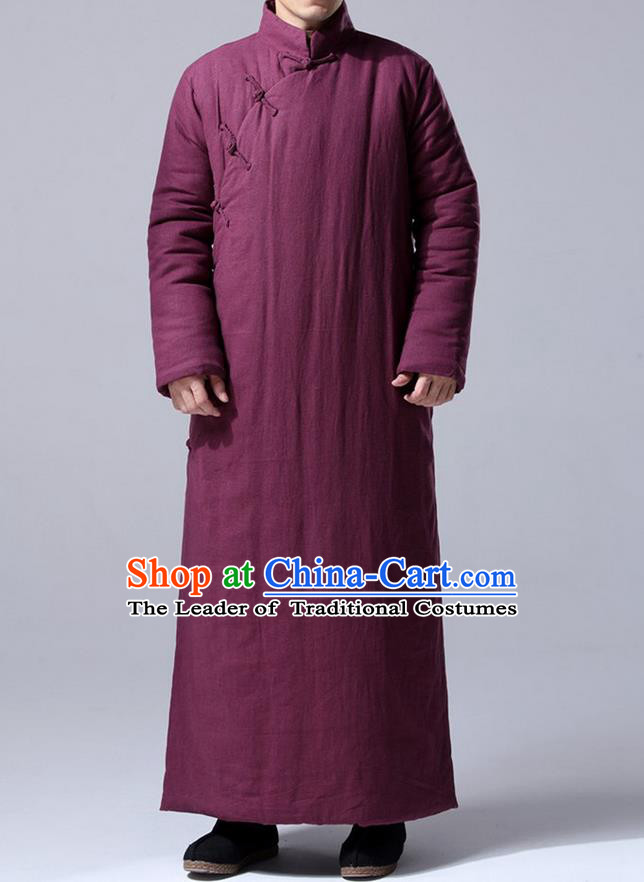 Traditional Top Chinese National Tang Suits Flax Frock Costume, Martial Arts Kung Fu Front Slant Fuchsia Teacher Coats, Kung fu Plate Buttons Unlined Upper Garment Robes, Chinese Taichi Cotton-Padded Robe Dust Coats Wushu Clothing for Men