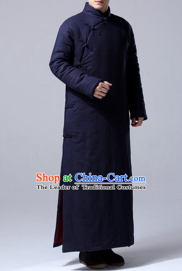 Traditional Top Chinese National Tang Suits Flax Frock Costume, Martial Arts Kung Fu Front Slant Purplish Blue Teacher Coats, Kung fu Plate Buttons Unlined Upper Garment Robes, Chinese Taichi Cotton-Padded Robe Dust Coats Wushu Clothing for Men