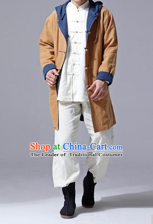 Traditional Top Chinese National Tang Suits Flax Frock Costume, Martial Arts Kung Fu Front Opening Double Color Turmeric Navy Coats, Kung fu Plate Buttons Unlined Upper Garment Hooded Robes, Chinese Taichi Double Side Dust Coats Wushu Clothing for Men