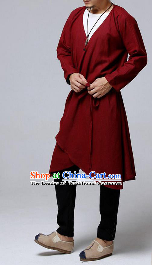 Traditional Top Chinese National Tang Suits Flax Frock Costume, Martial Arts Kung Fu Dark Red Cardigan, Kung fu Unlined Upper Garment, Chinese Taichi Dust Coats Wushu Clothing for Men