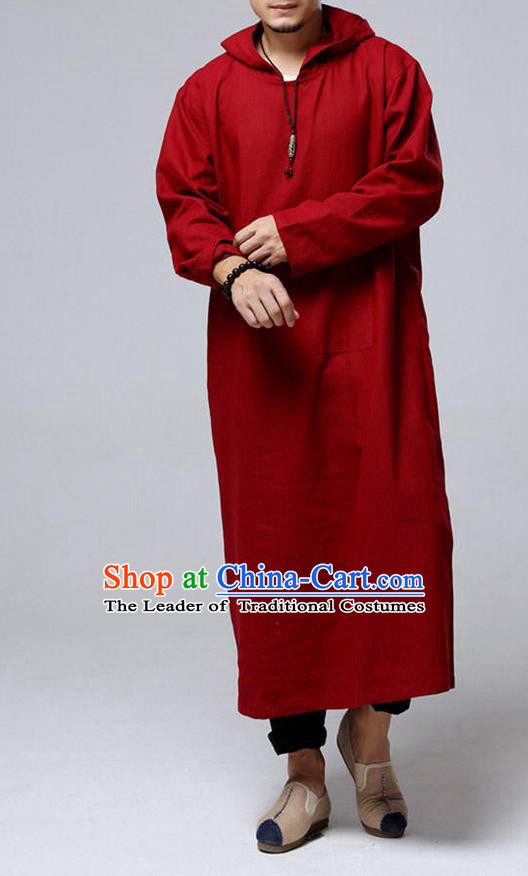 Traditional Top Chinese National Tang Suits Flax Frock Costume, Martial Arts Kung Fu Red Long Zen Suit, Kung fu Unlined Upper Garment Hooded Robes, Chinese Taichi Hooded Gown Coats Wushu Clothing for Men
