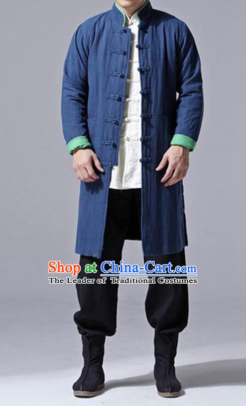 Traditional Top Chinese National Tang Suits Flax Frock Costume, Martial Arts Kung Fu Front Opening Blue Wool Coats, Kung fu Plate Buttons Unlined Upper Garment Jacket Robes, Chinese Taichi Dust Coats Wushu Clothing for Men