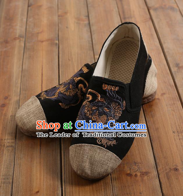Traditional Top Chinese National Flax Frock Shoes, Martial Arts Kung Fu Embroidered Kylin Cloth Shoes, Kung fu Chinese Taichi Shoes for Men