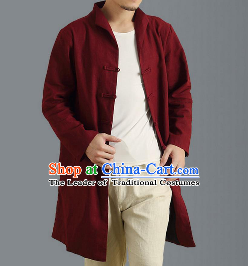 Traditional Top Chinese National Tang Suits Linen Frock Costume, Martial Arts Kung Fu Front Opening Stand Collar Wine Red Coats, Kung fu Plate Buttons Side Slit Robes, Chinese Taichi Dust Coats Wushu Clothing for Men