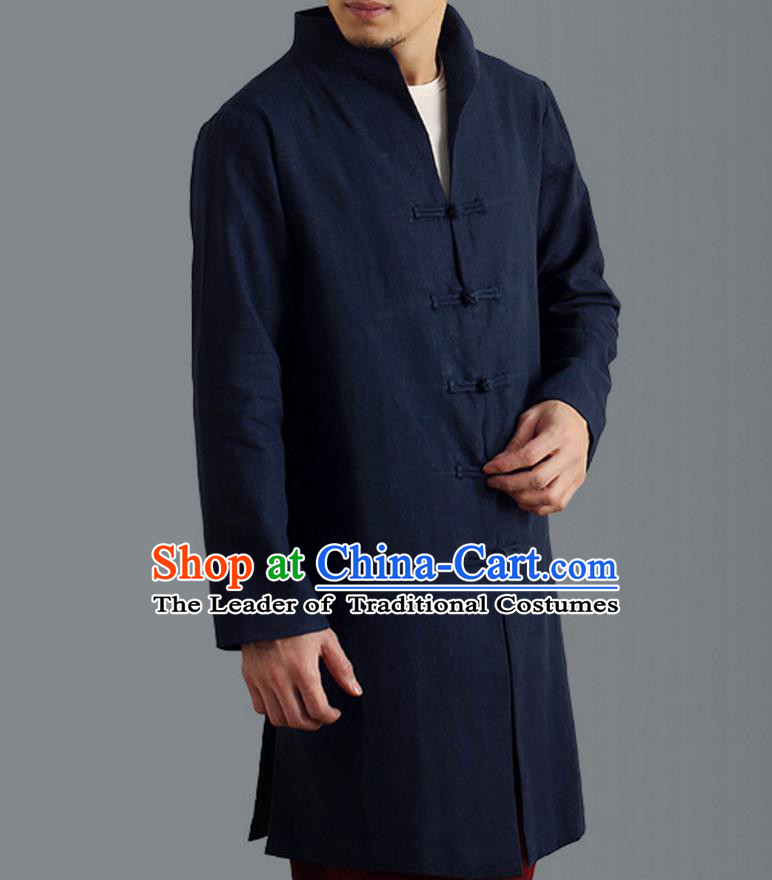 Traditional Top Chinese National Tang Suits Linen Frock Costume, Martial Arts Kung Fu Front Opening Stand Collar Blue Coats, Kung fu Plate Buttons Side Slit Robes, Chinese Taichi Dust Coats Wushu Clothing for Men