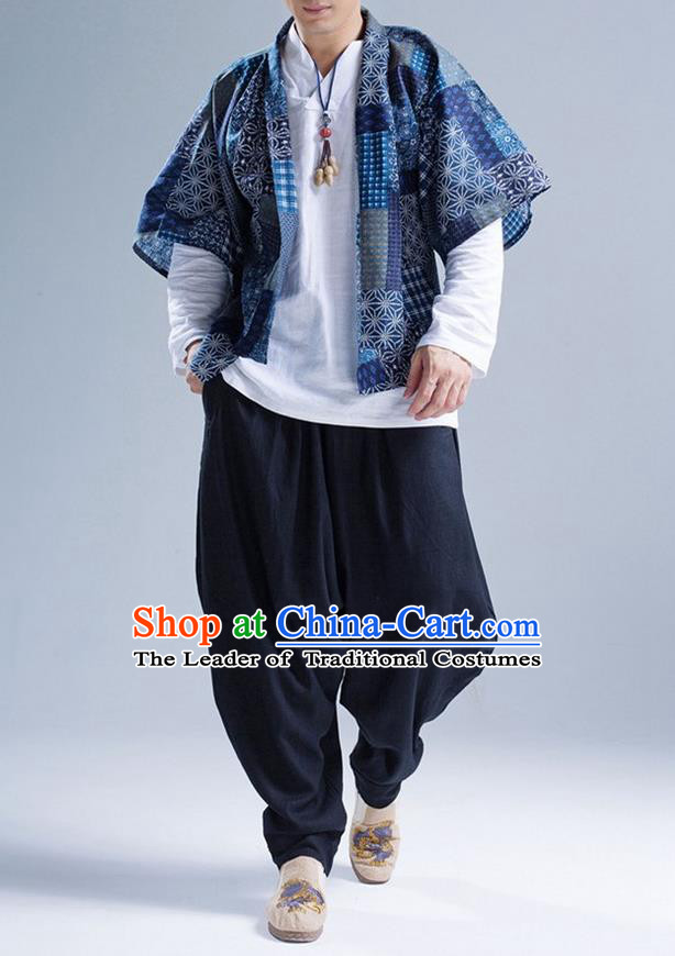 Traditional Top Chinese National Tang Suits Linen Frock Costume, Martial Arts Kung Fu Printing Blue Cardigan, Kung fu Thin Upper Outer Garment, Chinese Taichi Thin Coats Wushu Clothing for Men