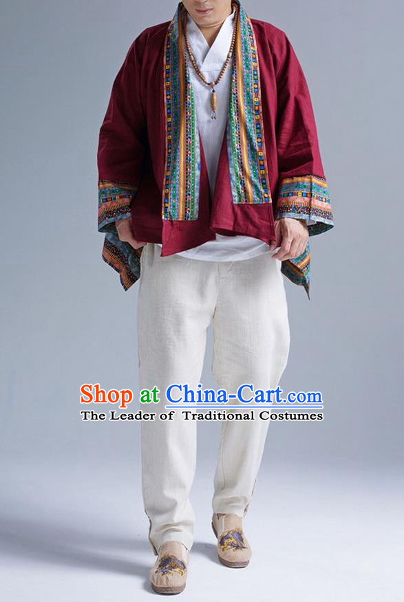 Traditional Top Chinese Yunnan Ethnic Tang Suits Linen Frock Costume, Martial Arts Kung Fu Lacy Red Cardigan, Kung fu Thin Upper Outer Garment, Chinese Taichi Thin Coats Wushu Clothing for Men