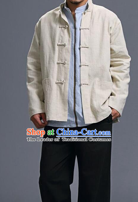 Traditional Top Chinese National Tang Suits Linen Costume, Martial Arts Kung Fu Front Opening Beige Coats, Kung fu Plate Buttons Jacket, Chinese Taichi Short Coats Wushu Clothing for Men