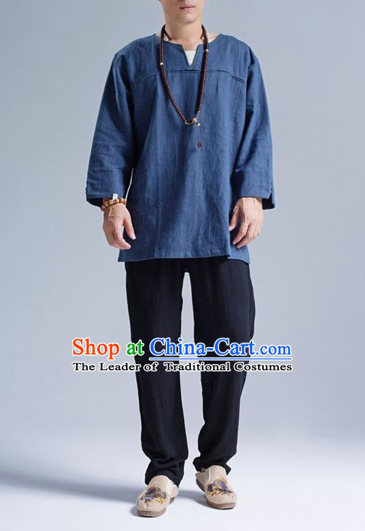 Traditional Top Chinese National Tang Suits Linen Frock Costume, Martial Arts Kung Fu Long Sleeve Deep Blue T-Shirt, Kung fu Upper Outer Garment, Chinese Taichi Shirts Wushu Clothing for Men
