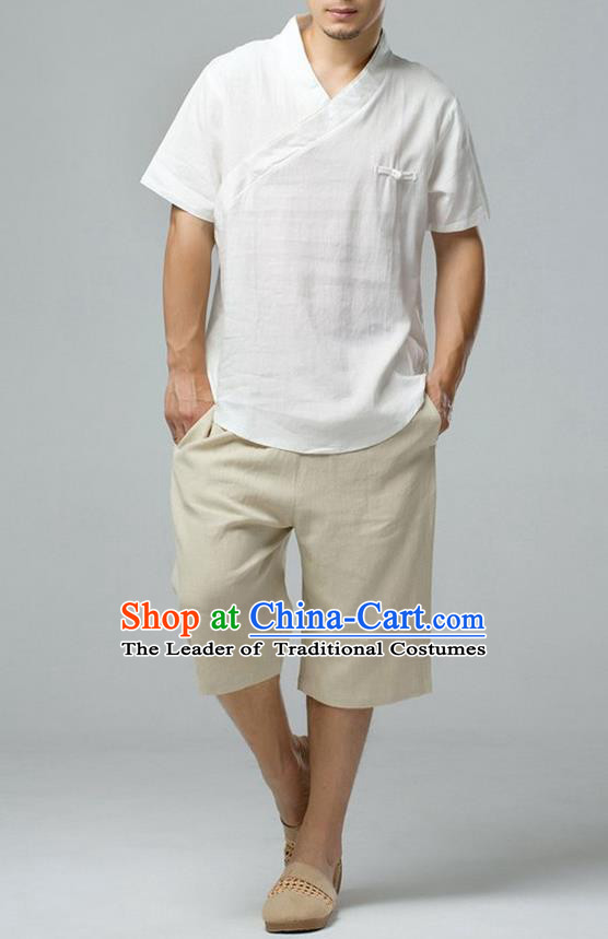 Traditional Top Chinese National Tang Suits Linen Frock Costume, Martial Arts Kung Fu Short Sleeve White T-Shirt, Kung fu Upper Outer Garment, Chinese Taichi Shirts Wushu Clothing for Men