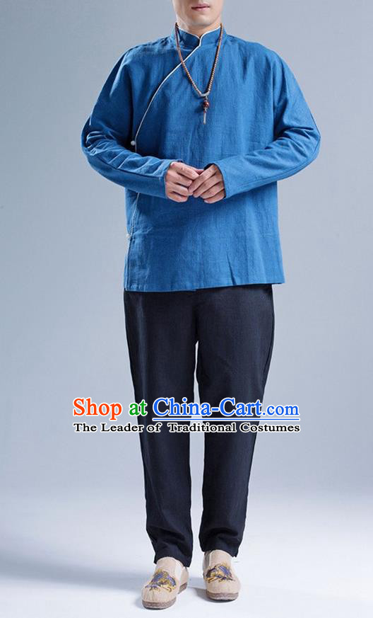 Traditional Top Chinese National Tang Suits Linen Frock Costume, Martial Arts Kung Fu Slant Opening Blue Jacket Shirt, Kung fu Jade Buckle Thin Upper Outer Garment Blouse, Chinese Taichi Thin Coats Wushu Clothing for Men