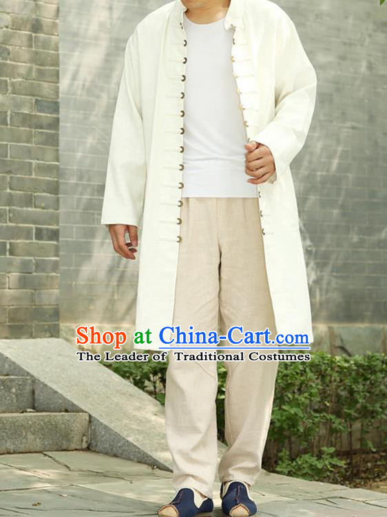 Traditional Top Chinese National Tang Suits Linen Costume, Martial Arts Kung Fu Front Opening White Long Coats, Kung fu Copper Buckle Jacket, Chinese Taichi Dust Coats Wushu Clothing for Men