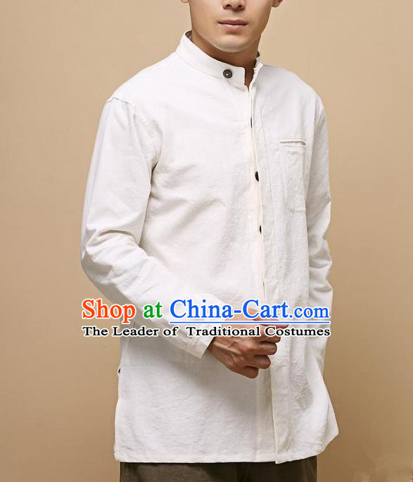Traditional Top Chinese National Tang Suits Linen Frock Costume, Martial Arts Kung Fu Chinese Tunic Suit White Shirt, Sun Yat Sen Suit Thin Upper Outer Garment Blouse, Chinese Taichi Thin Shirts Wushu Clothing for Men