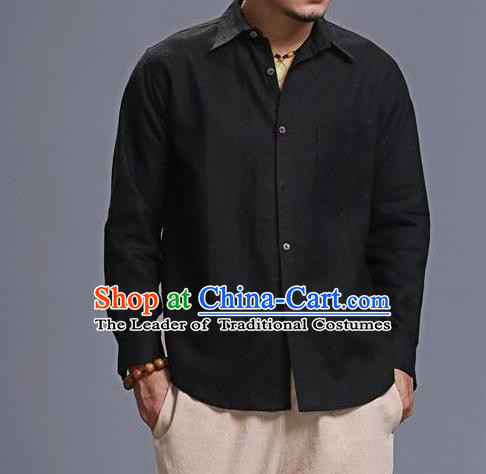 Traditional Top Chinese National Tang Suits Linen Costume, Martial Arts Kung Fu Chinese Black Shirt, Sun Yat Sen Suit Upper Outer Garment Blouse, Chinese Taichi Shirts Wushu Clothing for Men