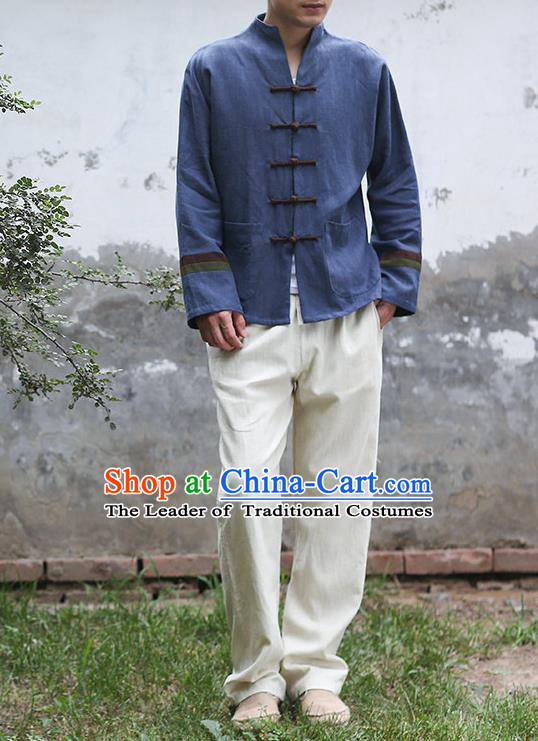 Traditional Top Chinese National Tang Suits Linen Frock Costume, Martial Arts Kung Fu Embroidery Totem Slant Opening Navy Shirt, Kung fu Plate Buttons Thin Upper Outer Garment Jacket, Chinese Taichi Thin Coats Wushu Clothing for Men