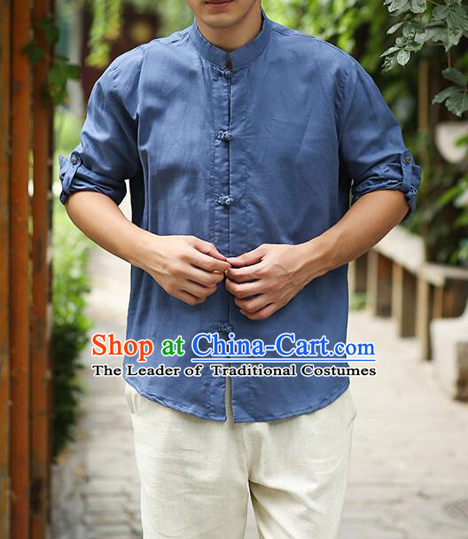 Traditional Top Chinese National Tang Suits Linen Frock Costume, Martial Arts Kung Fu Stand Collar Deep Blue Shirt, Kung fu Plate Buttons Thin Upper Outer Garment Blouse, Chinese Taichi Thin Shirts Wushu Clothing for Men