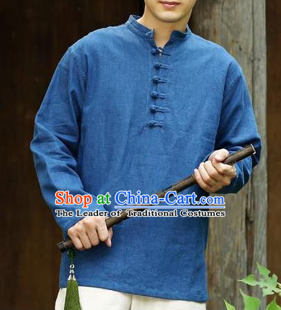 Traditional Top Chinese National Tang Suits Linen Frock Costume, Martial Arts Kung Fu Long Sleeve Deep Blue T-Shirt, Kung fu Plate Buttons Upper Outer Garment Half Sleeve Blouse, Chinese Taichi Thin Shirts Wushu Clothing for Men