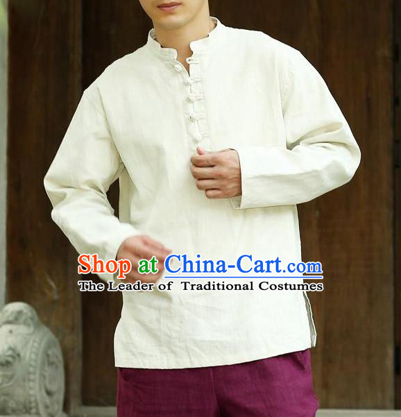 Traditional Top Chinese National Tang Suits Linen Frock Costume, Martial Arts Kung Fu Long Sleeve White T-Shirt, Kung fu Plate Buttons Upper Outer Garment Half Sleeve Blouse, Chinese Taichi Thin Shirts Wushu Clothing for Men