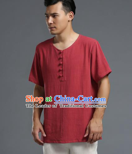 Traditional Top Chinese National Tang Suits Linen Frock Costume, Martial Arts Kung Fu Long Sleeve Dark Red T-Shirt, Kung fu Plate Buttons Upper Outer Garment Half Sleeve Blouse, Chinese Taichi Thin Shirts Wushu Clothing for Men