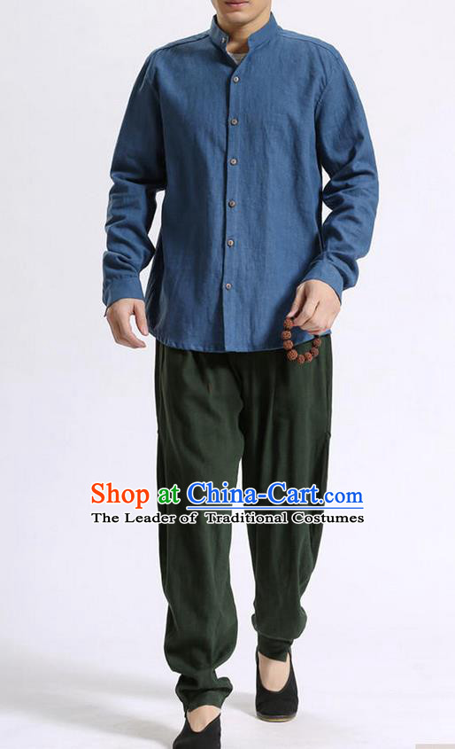 Traditional Top Chinese National Tang Suits Linen Costume, Martial Arts Kung Fu Stand Collar Deep Blue Shirt, Chinese Kung fu Coconut Buttons Thin Upper Outer Garment Blouse, Chinese Taichi Thin Shirts Wushu Clothing for Men