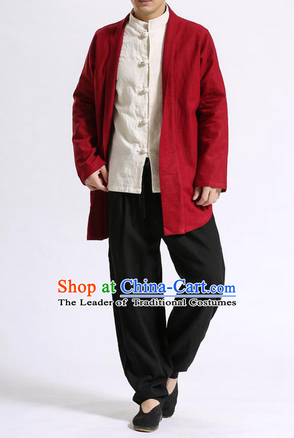Traditional Top Chinese National Tang Suits Linen Costume, Martial Arts Kung Fu Dark Red Cardigan, Chinese Kung fu Thin Upper Outer Garment Overcoats, Chinese Taichi Thin Coats Wushu Clothing for Men