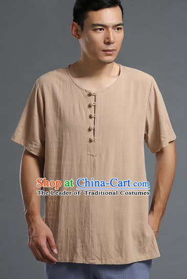 Traditional Top Chinese National Tang Suits Linen Frock Costume, Martial Arts Kung Fu Long Sleeve Wheat T-Shirt, Kung fu Plate Buttons Upper Outer Garment Blouse, Chinese Taichi Thin Shirts Wushu Clothing for Men