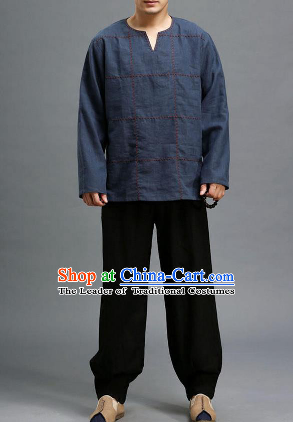 Traditional Top Chinese National Tang Suits Linen Costume, Martial Arts Kung Fu Embroidery Threads Long Sleeve Navy T-Shirt, Chinese Kung fu Upper Outer Garment Blouse, Chinese Taichi Thin Shirts Wushu Clothing for Men