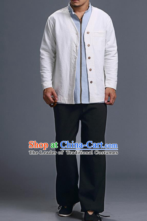 Traditional Top Chinese National Tang Suits Linen Costume, Martial Arts Kung Fu Long Sleeve White Overcoat, Chinese Kung fu Upper Outer Garment Jacket, Chinese Taichi Thin Short Cardigan Wushu Clothing for Men