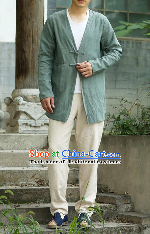 Traditional Top Chinese National Tang Suits Linen Costume, Martial Arts Kung Fu Plate Buttons Green Overcoat, Chinese Kung fu Upper Outer Garment Dust Coat, Chinese Taichi Thin Short Cardigan Wushu Clothing for Men