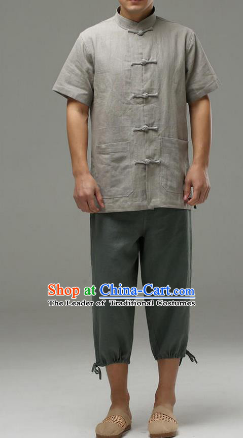 Traditional Top Chinese National Tang Suits Linen Front Opening Costume, Martial Arts Kung Fu Embroidery Short Sleeve Grey Shirt, Chinese Kung fu Plate Buttons Upper Outer Garment Blouse, Chinese Taichi Thin Shirts Wushu Clothing for Men