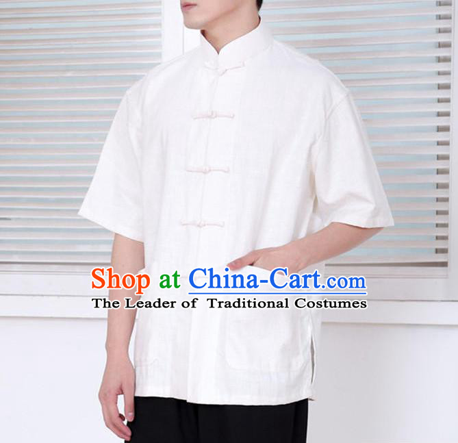 Traditional Top Chinese National Tang Suits Linen Front Opening Costume, Martial Arts Kung Fu Embroidery Short Sleeve White Shirt, Chinese Kung fu Plate Buttons Upper Outer Garment Blouse, Chinese Taichi Thin Shirts Wushu Clothing for Men