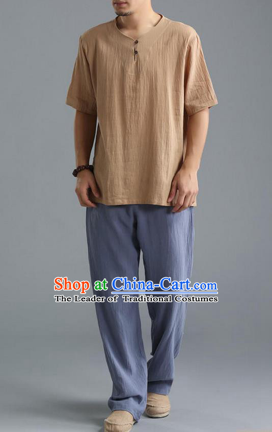 Traditional Top Chinese National Tang Suits Linen Costume, Martial Arts Kung Fu Short Sleeve Wheat Shirt, Chinese Kung fu Plate Buttons Upper Outer Garment Blouse, Chinese Taichi Thin Shirts Wushu Clothing for Men