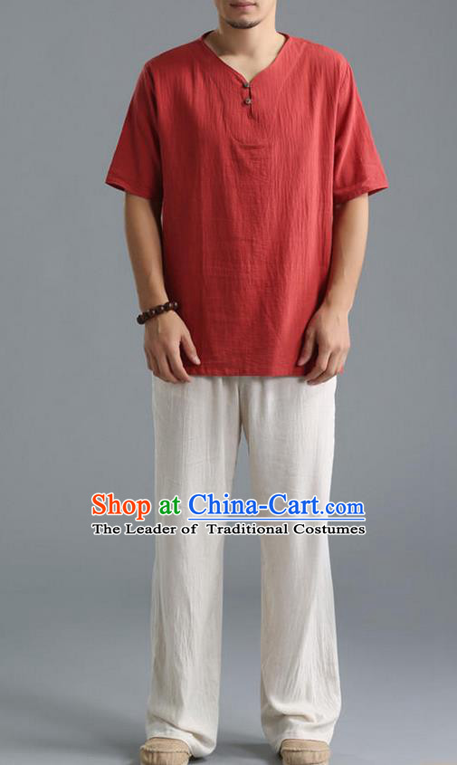Traditional Top Chinese National Tang Suits Linen Costume, Martial Arts Kung Fu Short Sleeve Red Shirt, Chinese Kung fu Plate Buttons Upper Outer Garment Blouse, Chinese Taichi Thin Shirts Wushu Clothing for Men