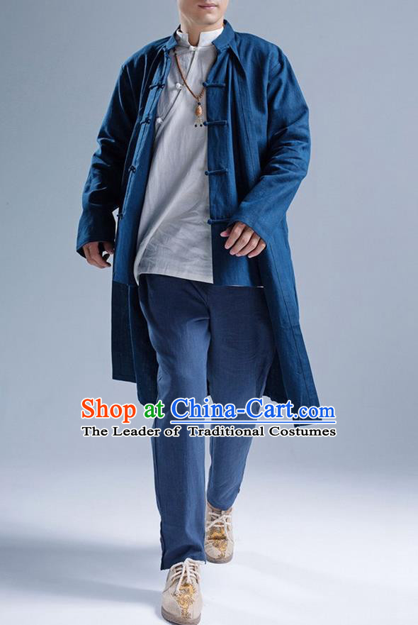 Traditional Top Chinese National Tang Suits Linen Front Opening Costume, Martial Arts Kung Fu Navy Coats, Chinese Kung fu Plate Buttons Upper Outer Garment Overcoat, Chinese Taichi Dust Coat Wushu Clothing for Men