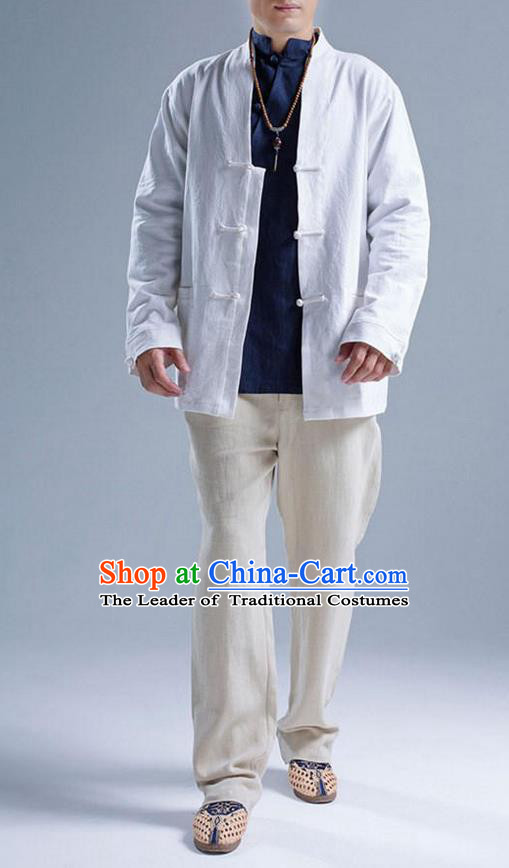Traditional Top Chinese National Tang Suits Linen Front Opening Costume, Martial Arts Kung Fu White Coats, Chinese Kung fu Plate Buttons Jacket, Chinese Taichi Short Coats Wushu Cardigan Clothing for Men