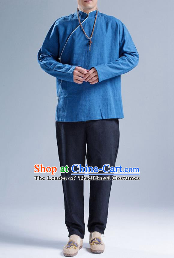 Traditional Top Chinese National Tang Suits Linen Slant Opening Costume, Martial Arts Kung Fu Stand Collar Deep Blue Shirt, Chinese Kung fu Upper Outer Garment Blouse, Chinese Taichi Shirts Wushu Clothing for Men