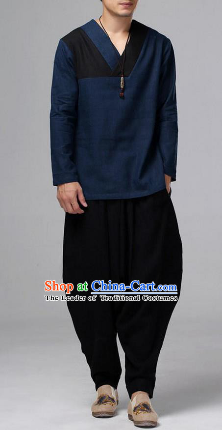 Traditional Top Chinese National Tang Suits Linen Costume, Martial Arts Kung Fu Long Sleeve Navy T-Shirt, Chinese Kung fu Upper Outer Garment Blouse, Chinese Taichi Shirts Wushu Clothing for Men