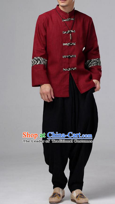 Traditional Top Chinese National Tang Suits Linen Front Opening Costume, Martial Arts Kung Fu Pattern Red Overcoat, Kung fu Plate Buttons Thin Upper Outer Garment Jacket, Chinese Taichi Thin Coats Wushu Clothing for Men