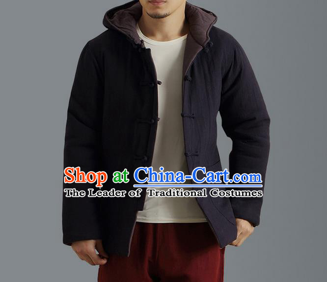 Traditional Top Chinese National Tang Suits Linen Front Opening Costume, Martial Arts Kung Fu Reversible Coffee-Navy Overcoat, Chinese Kung fu Plate Buttons Thin Upper Outer Garment Jacket, Chinese Taichi Thin Cotton-Padded Coats Wushu Clothing for Men