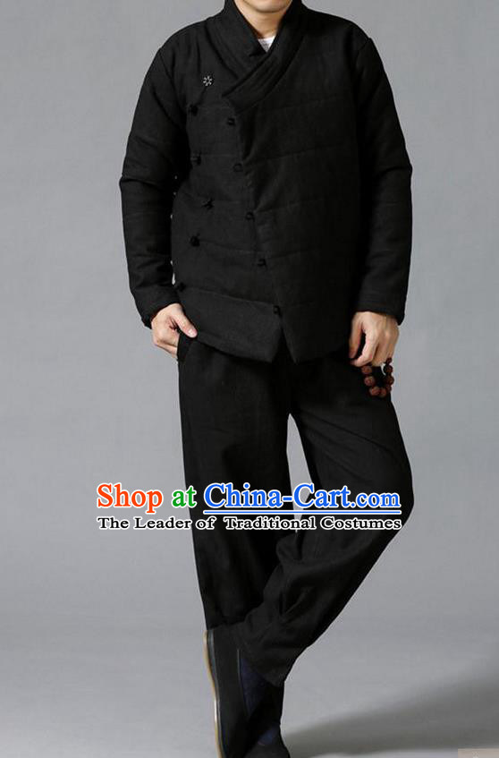 Traditional Top Chinese National Tang Suits Linen Slant Opening Costume, Martial Arts Kung Fu Black Overcoat, Chinese Kung fu Plate Buttons Upper Outer Garment Jacket, Chinese Taichi Thin Cotton-Padded Coats Wushu Clothing for Men