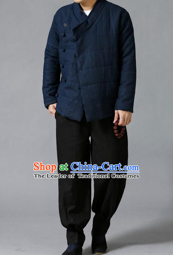 Traditional Top Chinese National Tang Suits Linen Slant Opening Costume, Martial Arts Kung Fu Navy Overcoat, Chinese Kung fu Plate Buttons Upper Outer Garment Jacket, Chinese Taichi Thin Cotton-Padded Coats Wushu Clothing for Men