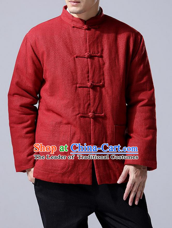 Traditional Top Chinese National Tang Suits Linen Front Opening Costume, Martial Arts Kung Fu Red Overcoat, Chinese Kung fu Plate Buttons Upper Outer Garment Jacket, Chinese Taichi Thin Cotton-Padded Coats Wushu Clothing for Men