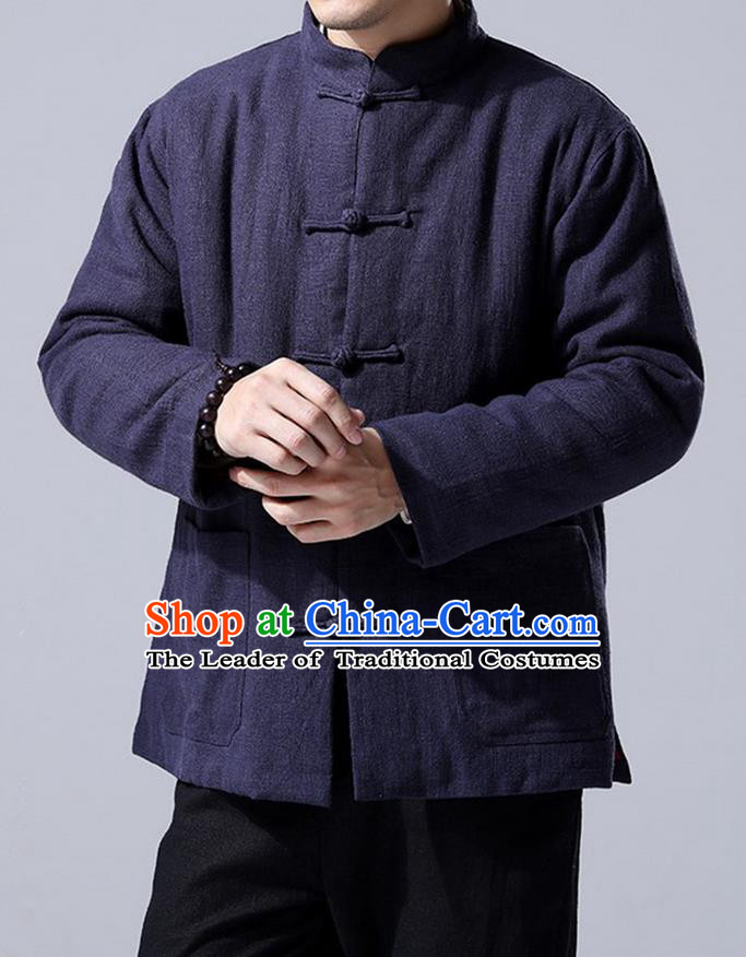 Traditional Top Chinese National Tang Suits Linen Front Opening Costume, Martial Arts Kung Fu Navy Overcoat, Chinese Kung fu Plate Buttons Upper Outer Garment Jacket, Chinese Taichi Thin Cotton-Padded Coats Wushu Clothing for Men